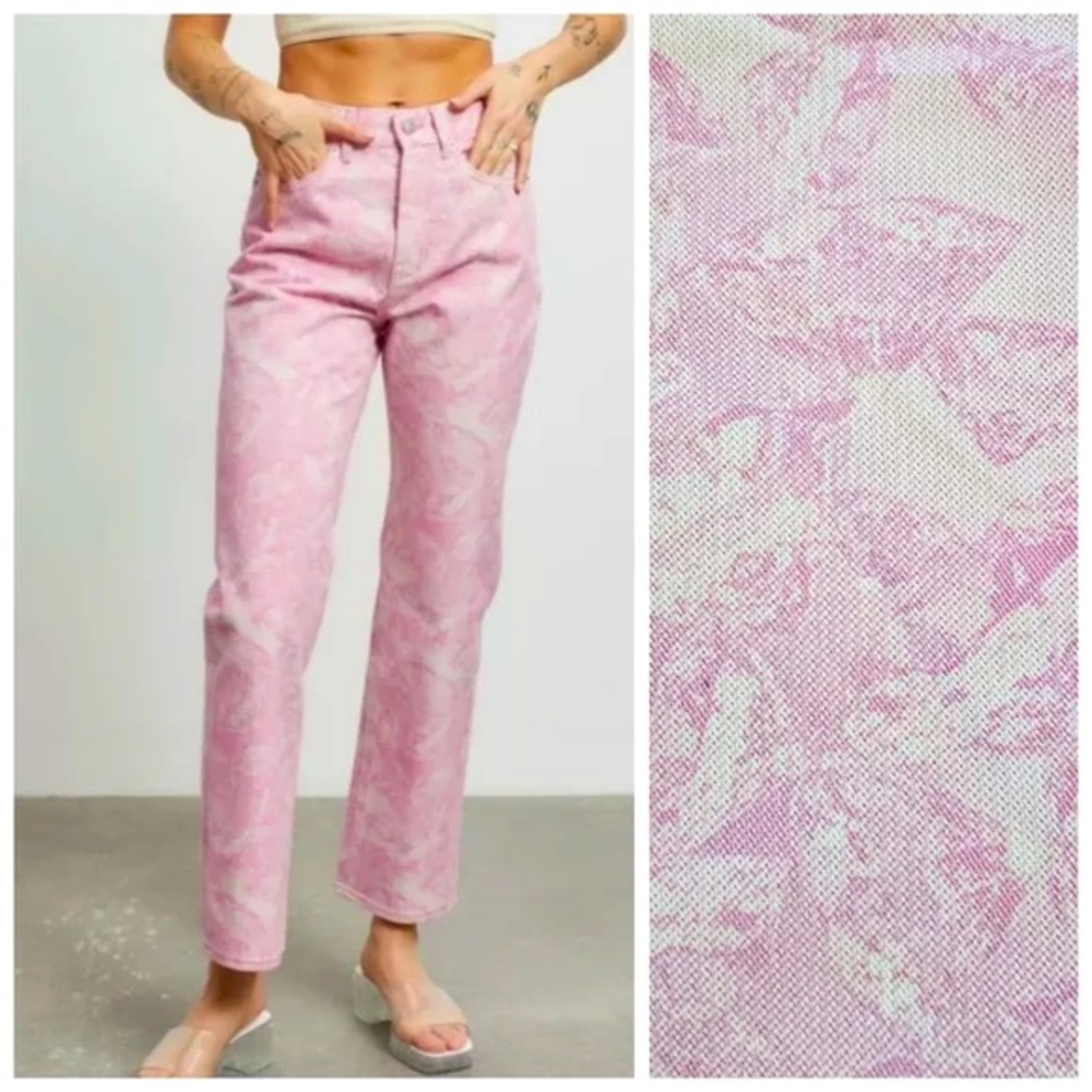 UO BDG Cowboy Jean Pant Pink White Print High-Waist Straight Leg Denim NWT